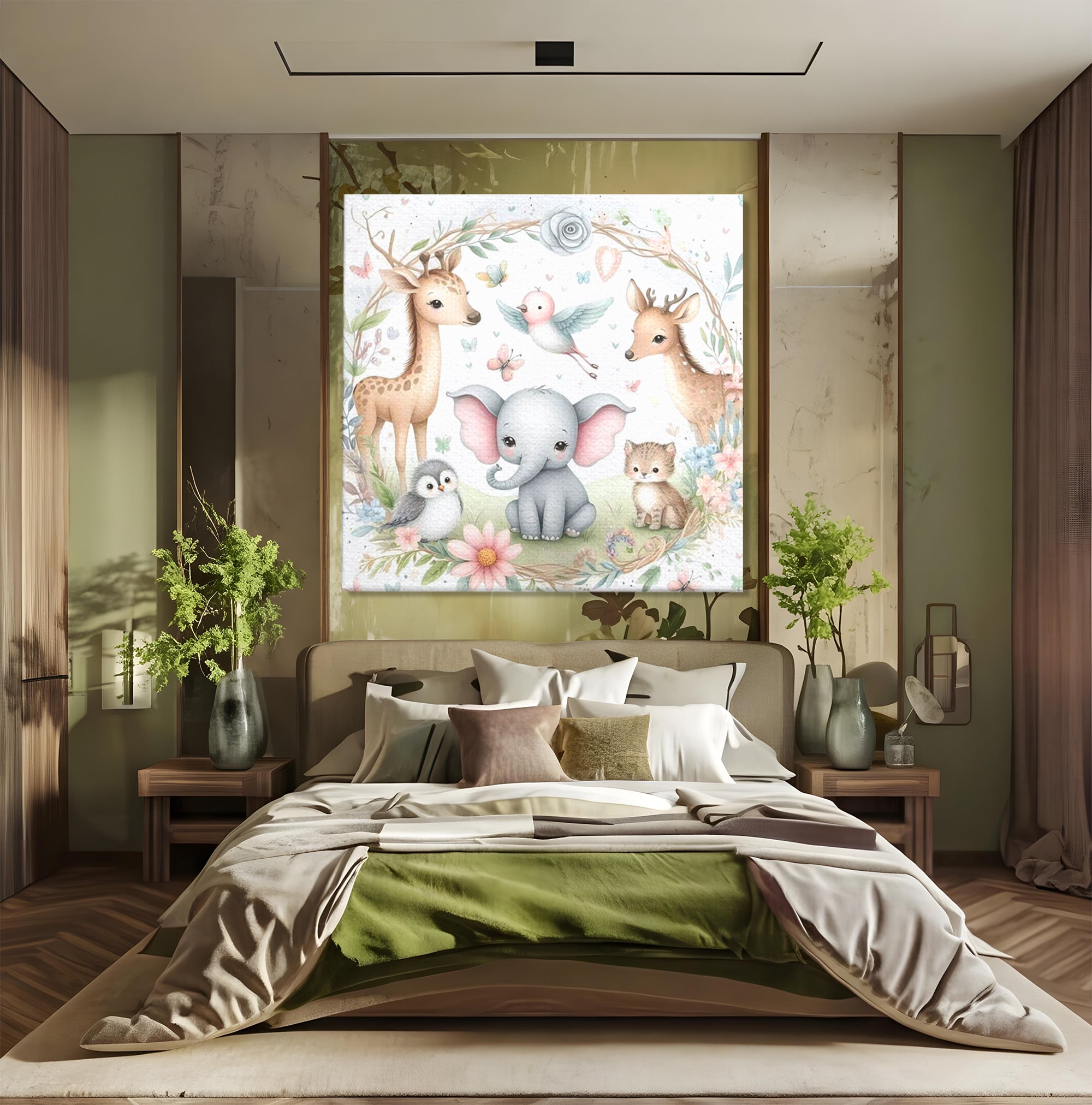 Tablou canvas cu tablou canvas cu animale si flori, fara rama, pe sasiu de lemn, pe perete intr-un dormitor